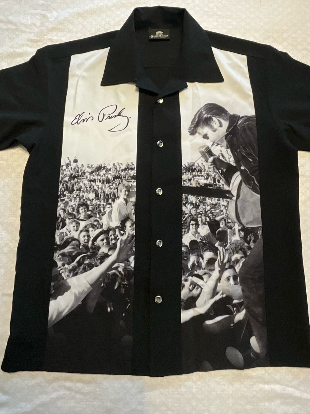 Grace Black and White Elvis Graphic Button-Front Camp Shirt